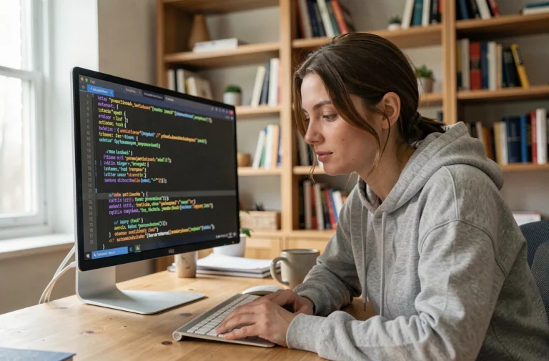 Jeune femme explorant du code HTML sur un grand écran d'ordinateur dans un bureau moderne à domicile