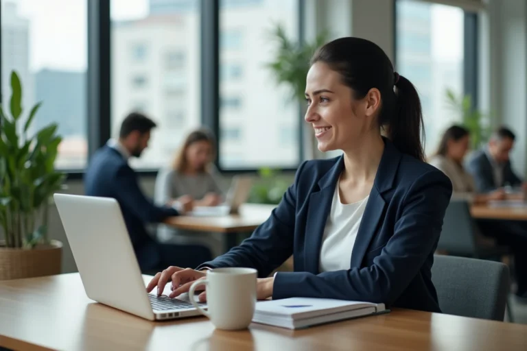 Femme professionnelle suivant une formation en ligne dans un espace de coworking moderne avec un laptop ouvert