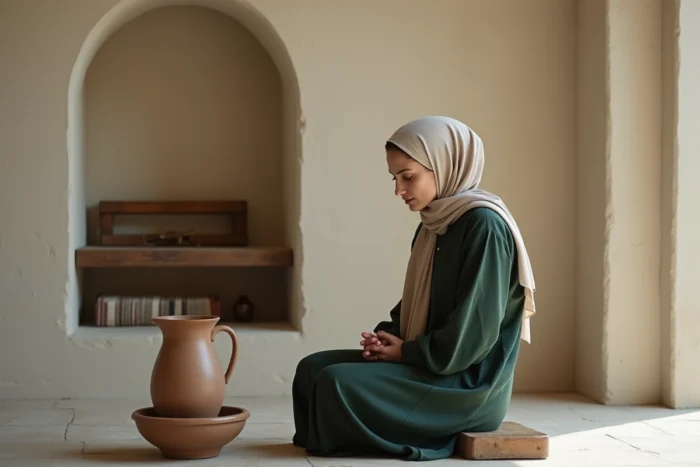 Femme en tenue modeste préparant les grandes ablutions avec une aiguière traditionnelle dans une pièce de prière