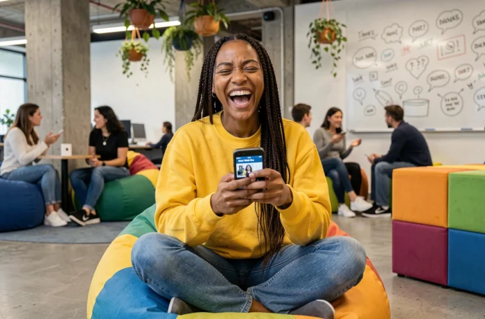 Jeune femme riant aux éclats devant un mème sur son smartphone dans un espace de coworking coloré et animé, représentant l'humour communautaire de Choualbox