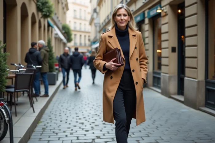 Femme d'influence en manteau camel marchant avec assurance dans une rue parisienne avec façades haussmanniennes