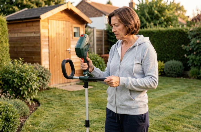 Femme inspectant le coupe-bordure Bosch Art 23 SL dans un jardin résidentiel, évaluation des caractéristiques de l'outil
