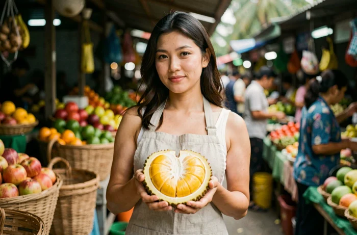 Femme tenant un jackfruit coupé en deux dans un marché tropical coloré, révélant la chair dorée du fruit