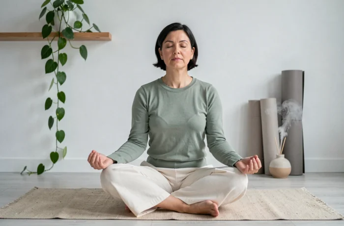 Femme pratiquant la méditation sur un tapis de yoga dans un salon minimaliste pour un bien-être quotidien