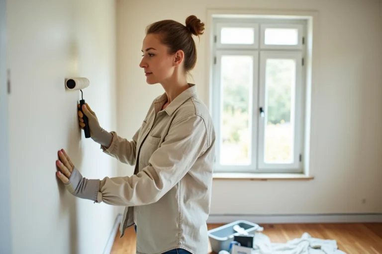 Femme appliquant de la peinture blanche sur un mur lors de travaux de rénovation intérieure dans un salon