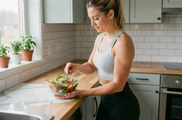 Femme préparant un repas sain avec des légumes frais et du quinoa dans une cuisine moderne au quotidien