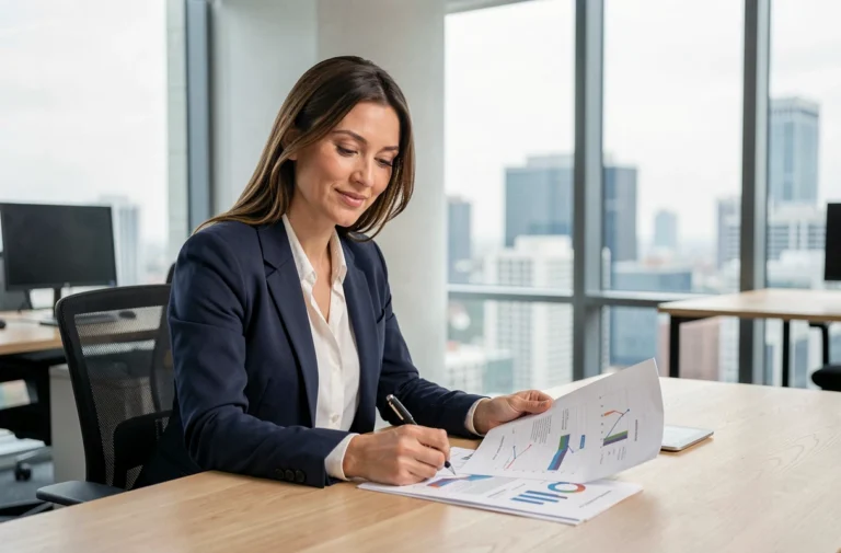 Femme professionnelle analysant des documents financiers à son bureau dans un bureau moderne avec vue sur la ville