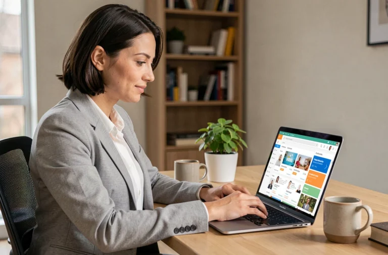 Femme professionnelle cherchant un emploi sur une plateforme de services en ligne depuis son bureau à domicile