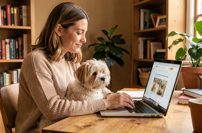 Femme recherchant des informations sur les services d'un chenil pour chien depuis son domicile