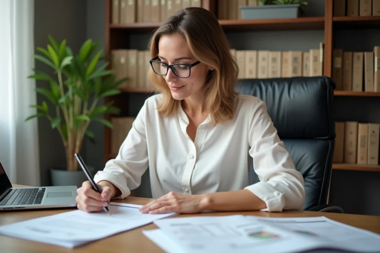 Femme professionnelle remplissant le formulaire cerfa 3233-sd pour un bien immobilier à son bureau