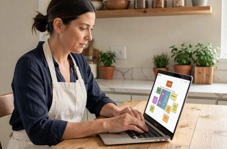 Femme travaillant sur un sitemap de site de cuisine affiché sur un ordinateur portable dans une cuisine moderne