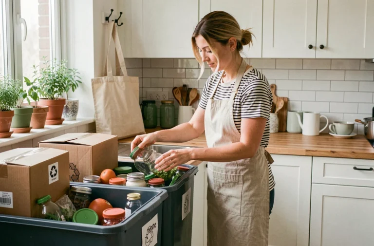 Femme triant des déchets recyclables dans une cuisine moderne et écoresponsable