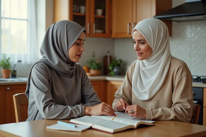 Deux femmes discutant des règles des grandes ablutions autour d'un livre islamique dans une cuisine familiale