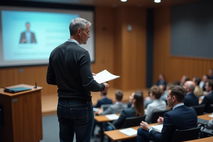 Formateur professionnel donnant une conférence devant un public attentif dans une salle de séminaire contemporaine