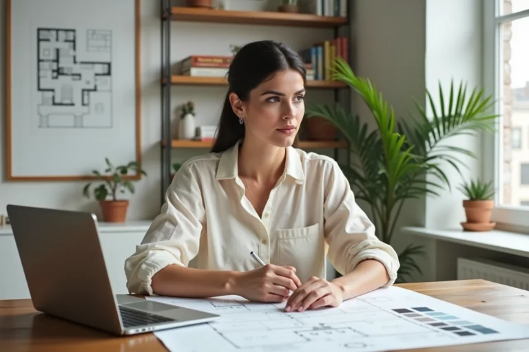 Femme étudiant la formation d'architecte d'intérieur à distance sur son bureau à domicile entouré de plans et d'échantillons de matériaux