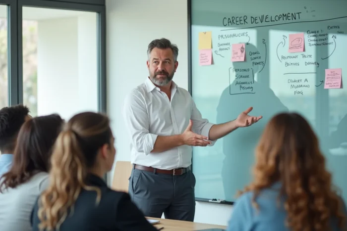 Formateur professionnel présentant un plan de développement de carrière devant un tableau blanc dans une salle de formation