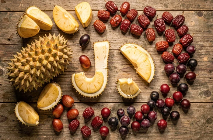 Vue aérienne d'un assortiment de fruits commençant par la lettre J : jackfruit, jujubes et amélanchiers sur une table en bois rustique