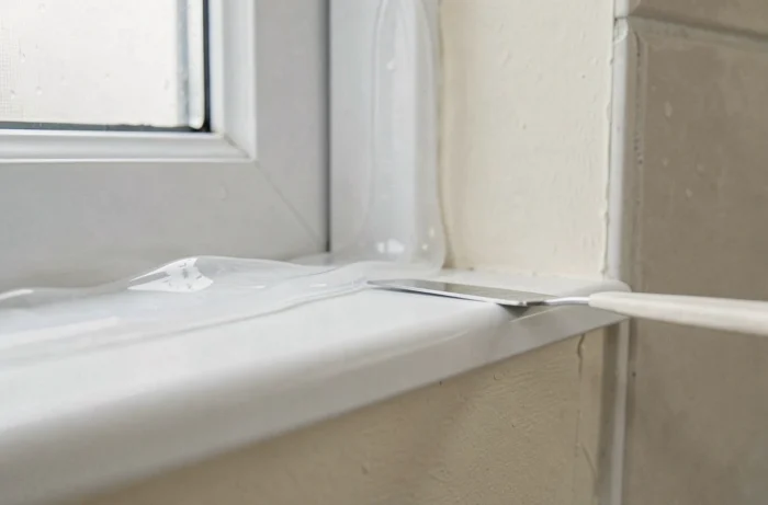 Gros plan sur un cordon de joint silicone transparent appliqué entre un cadre de fenêtre en PVC blanc et un mur intérieur