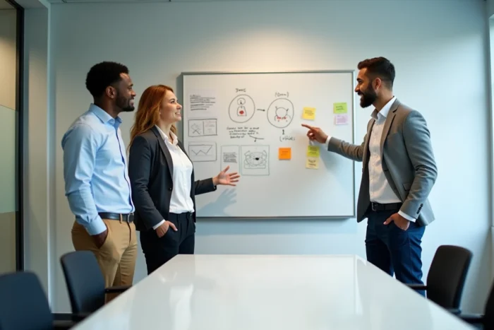 Groupe de professionnels en formation présentielle autour d'un tableau blanc dans une salle de réunion d'entreprise