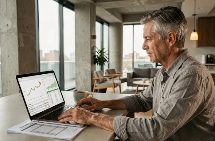 Homme consultant des graphiques de marché immobilier sur ordinateur portable avec documents de prêt sur une table dans un appartement moderne