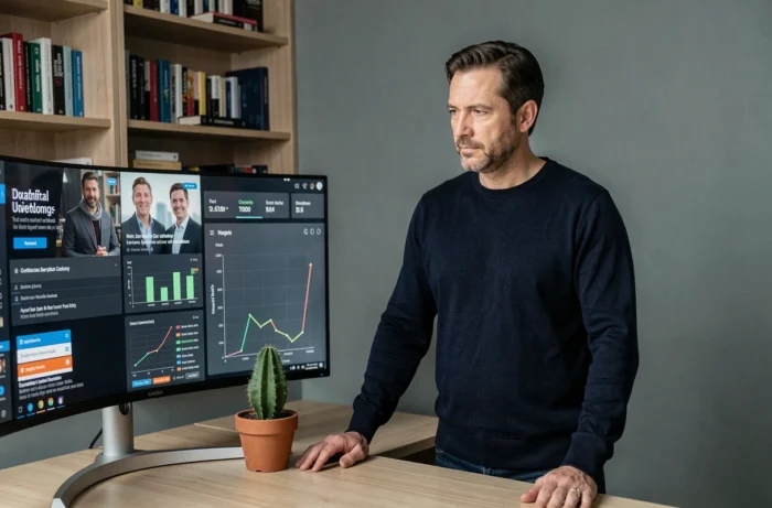 Homme en bureau à domicile consultant des tableaux de bord technologiques sur grand écran