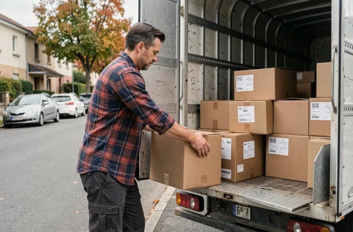 Homme organisant des cartons dans un camion de déménagement dans une rue résidentielle française