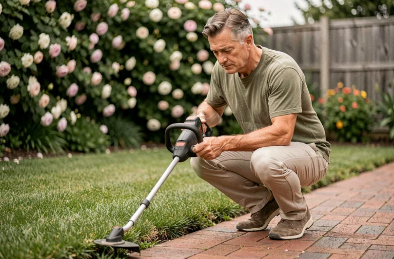 Homme utilisant un coupe-bordure électrique Bosch Art 23 SL pour délimiter les bords d'une pelouse soignée dans un jardin résidentiel