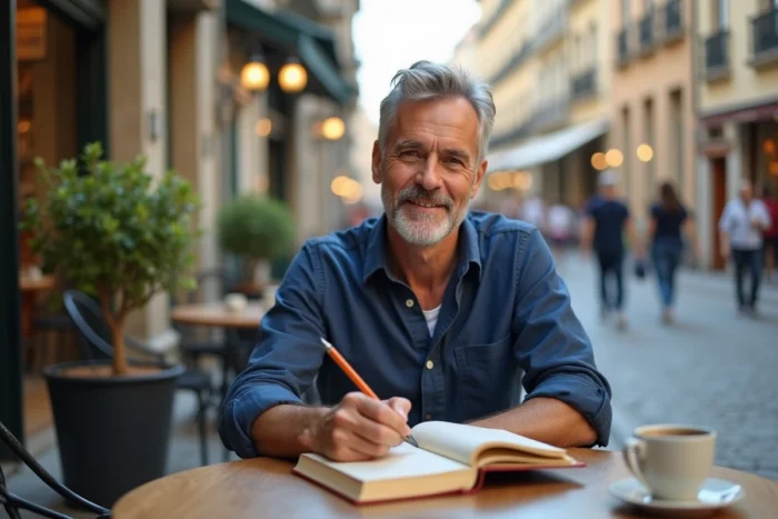 Homme dessinant dans un carnet sur une terrasse de café urbaine avec une tasse de café et une ambiance de rue européenne