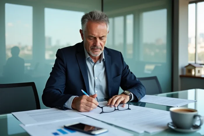 Homme examinant des documents administratifs cerfa pour une déclaration de bien immobilier dans un bureau notarial