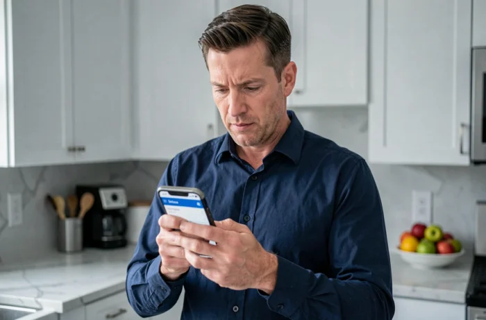 Homme gérant ses achats Amazon depuis son smartphone dans une cuisine moderne