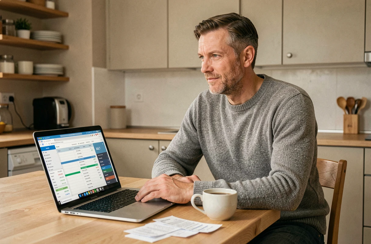 Homme gérant son budget personnel sur un ordinateur portable avec des reçus et un café à la table de cuisine