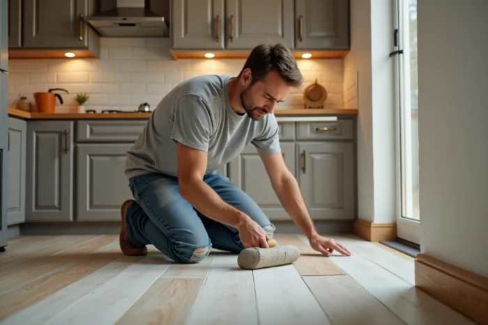 Homme installant un plancher vinyle dans une cuisine lors d'une rénovation de sol pratique