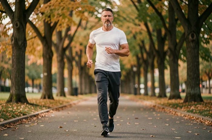 Homme faisant du jogging dans un parc urbain en automne dans le cadre d'un mode de vie sain