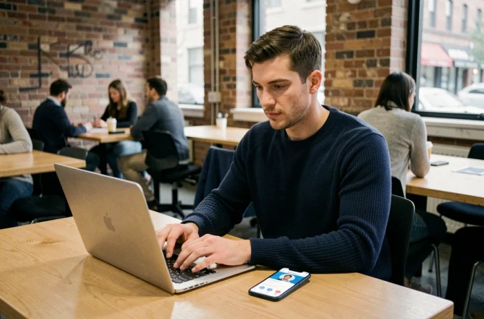 Jeune homme consultant une plateforme de freelance sur son ordinateur dans un espace de coworking moderne