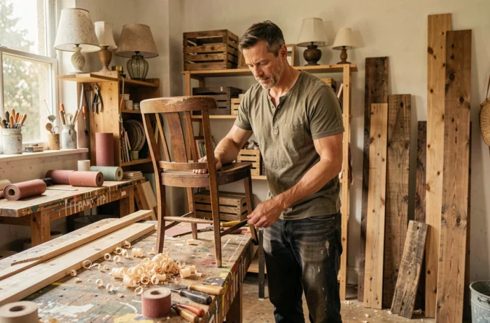 Homme réparant un meuble ancien dans un atelier de réemploi artisanal
