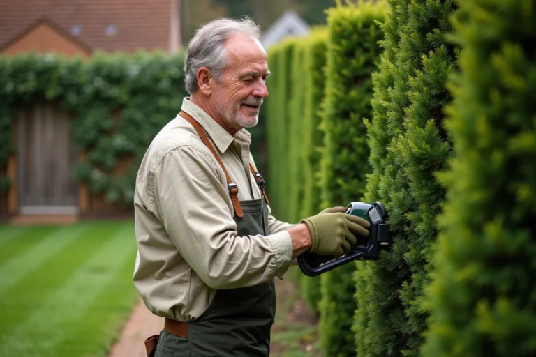 Homme utilisant un taille-haie électrique pour tailler une haie de buis dans un jardin bien entretenu