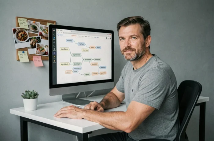 Homme consultant un wireframe de sitemap pour un site web culinaire sur un grand écran de bureau