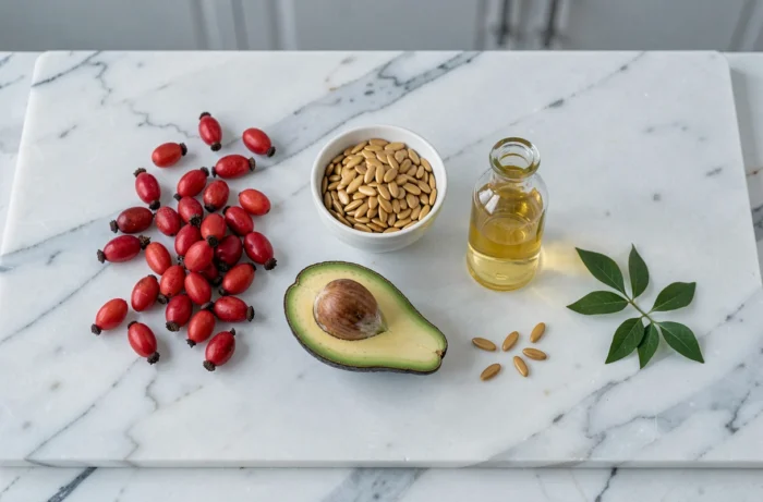 Ingrédients naturels bruts pour huiles de beauté alternatives à l'huile de jojoba disposés sur marbre blanc