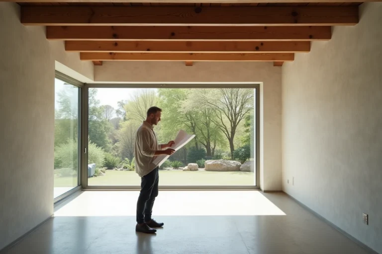 Intérieur d'un sous-sol semi-enterré avec fenêtres horizontales donnant sur un jardin, espace lumineux aux murs blancs et sol en béton ciré