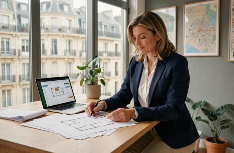 Investisseuse immobilière analysant des plans et documents financiers dans une agence immobilière moderne à Lyon