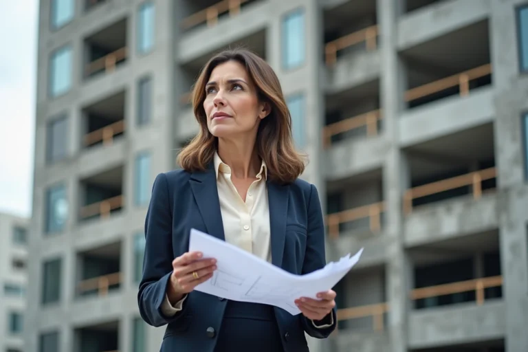 Investisseuse immobilière examinant des plans architecturaux devant un immeuble résidentiel en construction en milieu urbain