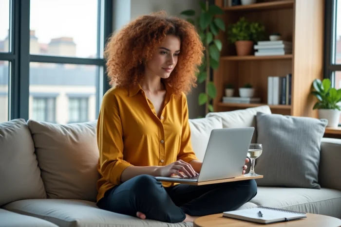 Jeune auto-entrepreneuse développant son activité en ligne depuis son appartement avec un ordinateur portable et des notes manuscrites