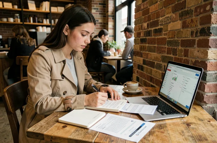 Jeune femme optimisant ses achats Amazon avec des reçus et un ordinateur dans un café