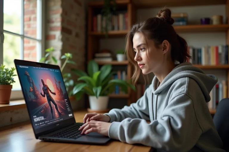 Jeune femme jouant aux Sims 4 sur un ordinateur portable dans un bureau cosy, explorant des packs de contenu du jeu