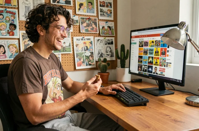 Jeune homme souriant devant un écran affichant des mèmes humoristiques dans un bureau personnel décoré de façon originale, ambiance Choualbox