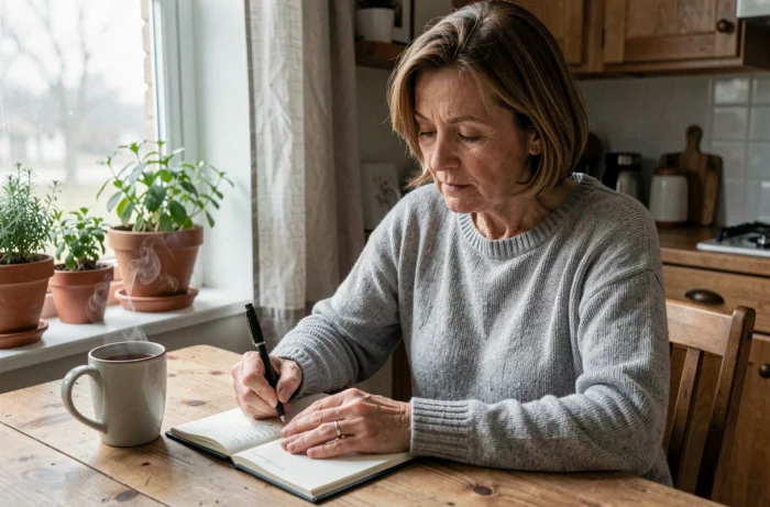 Femme écrivant dans un journal personnel à la maison comme pratique thérapeutique pour le mieux-être quotidien