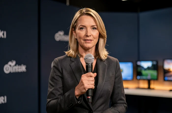 Journaliste féminine sur un plateau télévisé tenant un microphone, évoquant l'exposition médiatique des personnalités publiques des chaînes d'information françaises
