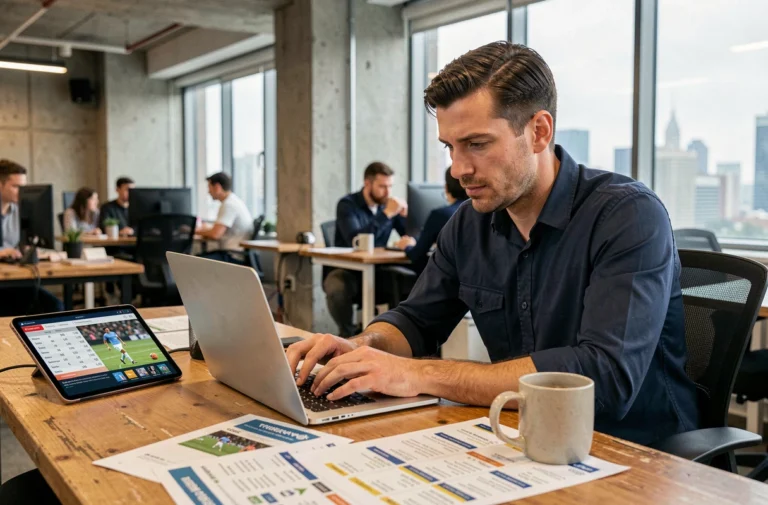 Journaliste sportif analysant l'actualité sportive dans une salle de rédaction moderne avec tablette et statistiques imprimées