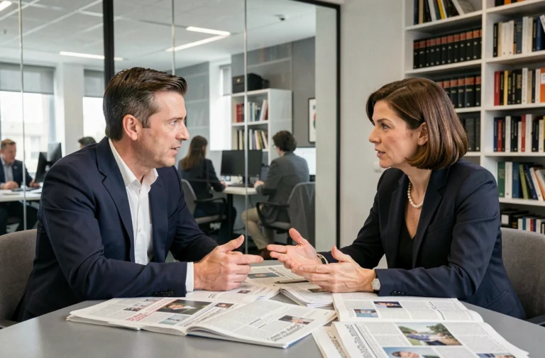Deux journalistes politiques en discussion dans une salle de rédaction parisienne moderne, illustrant la curiosité médiatique autour d'un couple de personnalités du monde des médias
