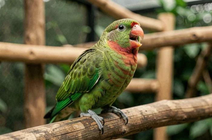 Kakariki vert et rouge perché sur une branche en bois, la tête inclinée en train de vocaliser dans une volière naturelle